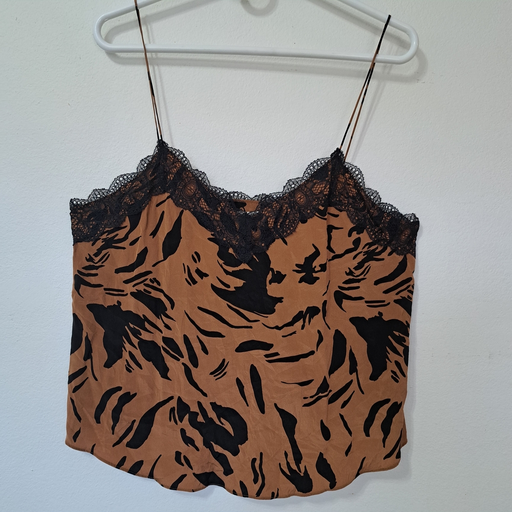 Rory Beca Silk Y2k Camisole Top Brown Black Tiger Print Lace Large Art Luxury